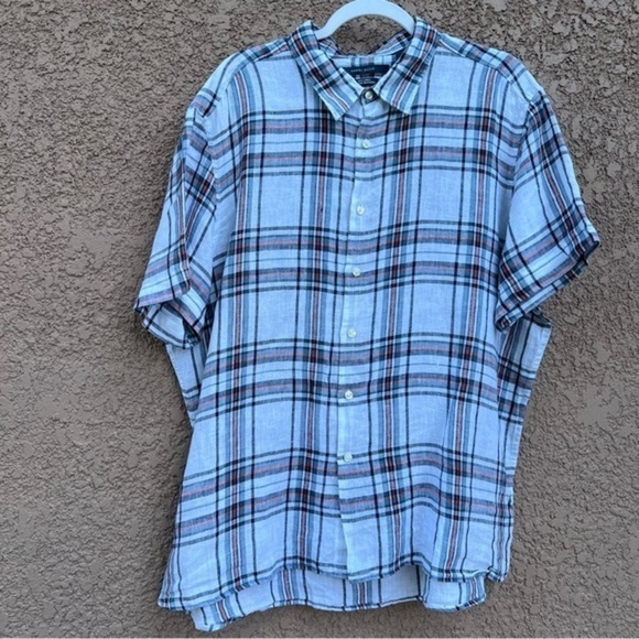 Perry Ellis Men’s Linen‎ Shirt 2XL Casual Button Down Short Sleeves Plaid - Picture 1 of 11